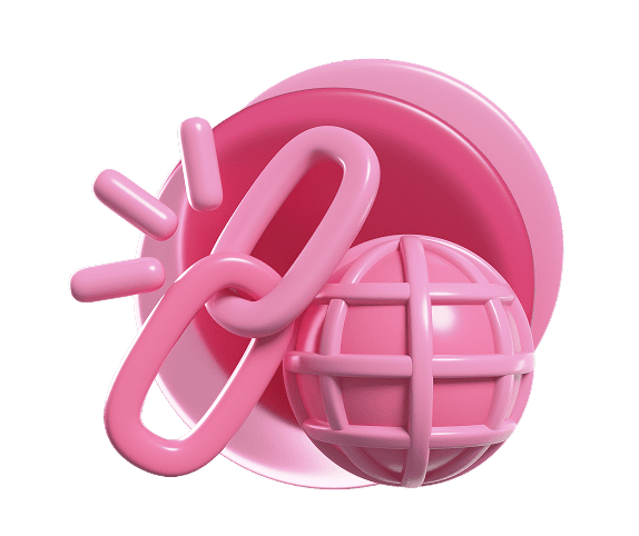 Pink abstract chain and sphere icons representing digital connection and networking.