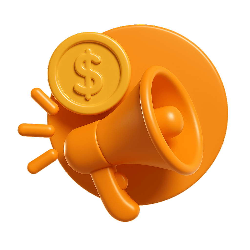 Dollar coin and megaphone icon for marketing and advertising strategies.